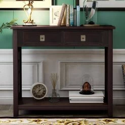 36 in. W Espresso Rectangle Wood Console Table with 2-Drawers and Bottom Shelf by ATHMILE -ATHMILE Sales Store espresso athmile console tables gz b2w20220665 31 1000