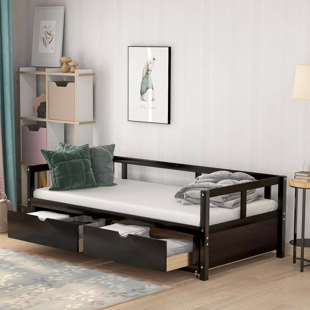 Espresso Wooden Twin Size Daybed with Trundle and 2-Drawers by ATHMILE 9 Espresso Wooden Twin Size Daybed with Trundle and 2-Drawers by ATHMILE - Image 9