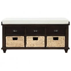 Espresso Storage Bench with 3-Drawers and 3-Rattan Baskets (42.1 in. L x 15.4 in. W x 18.7 in. H) by ATHMILE