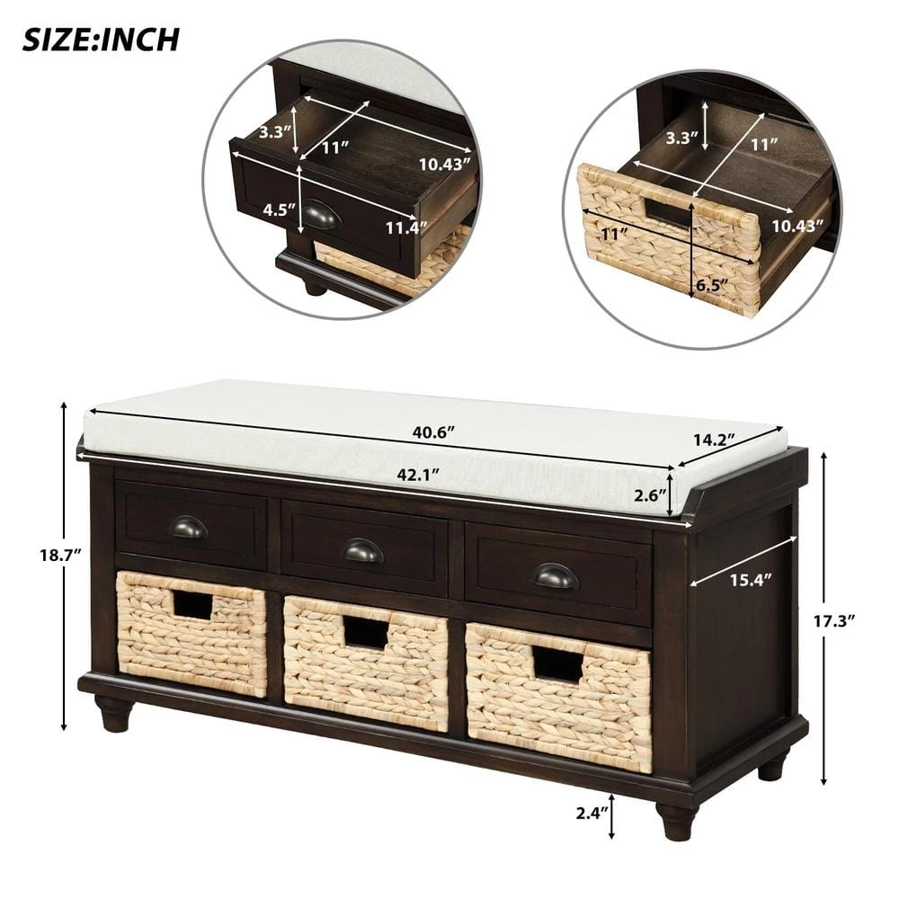Espresso Storage Bench with 3-Drawers and 3-Rattan Baskets (42.1 in. L x 15.4 in. W x 18.7 in. H) by ATHMILE 3 Espresso Storage Bench with 3-Drawers and 3-Rattan Baskets (42.1 in. L x 15.4 in. W x 18.7 in. H) by ATHMILE - Image 3