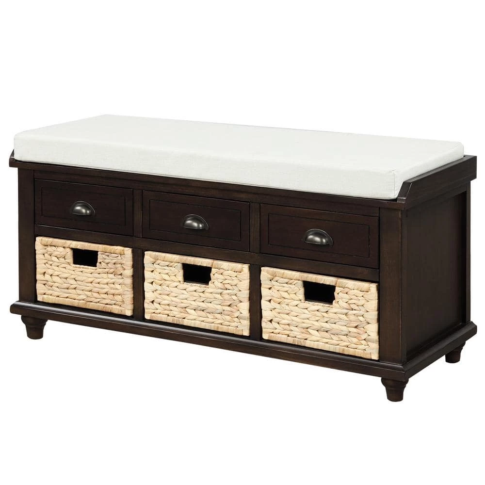 Espresso Storage Bench with 3-Drawers and 3-Rattan Baskets (42.1 in. L x 15.4 in. W x 18.7 in. H) by ATHMILE 2 Espresso Storage Bench with 3-Drawers and 3-Rattan Baskets (42.1 in. L x 15.4 in. W x 18.7 in. H) by ATHMILE - Image 2