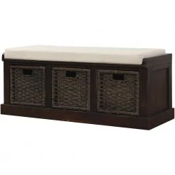 Espresso Storage Bench with Removable Cushion and 3-Rattan Basket 43.7 in. L x 15.7 in. W x 17 in. H by ATHMILE