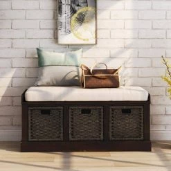Espresso Storage Bench with Removable Cushion and 3-Rattan Basket 43.7 in. L x 15.7 in. W x 17 in. H by ATHMILE 8 Espresso Storage Bench with Removable Cushion and 3-Rattan Basket 43.7 in. L x 15.7 in. W x 17 in. H by ATHMILE -ATHMILE Sales Store espresso athmile dining benches gz b2w20220682 c3 1000