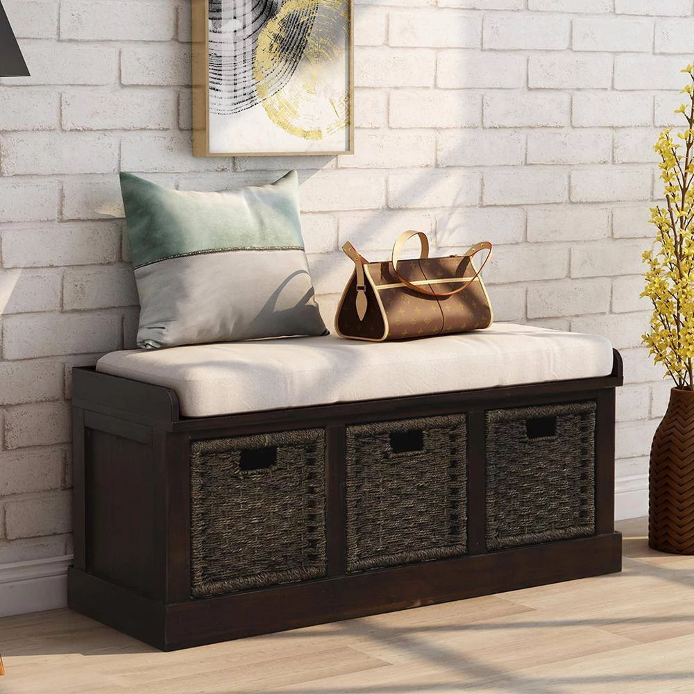 Espresso Storage Bench with Removable Cushion and 3-Rattan Basket 43.7 in. L x 15.7 in. W x 17 in. H by ATHMILE 2 Espresso Storage Bench with Removable Cushion and 3-Rattan Basket 43.7 in. L x 15.7 in. W x 17 in. H by ATHMILE - Image 2