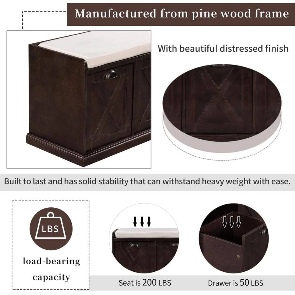 Espresso Storage Bench 43 in. L x 15.7 in. W x 20 in. H by ATHMILE 4 Espresso Storage Bench 43 in. L x 15.7 in. W x 20 in. H by ATHMILE - Image 4