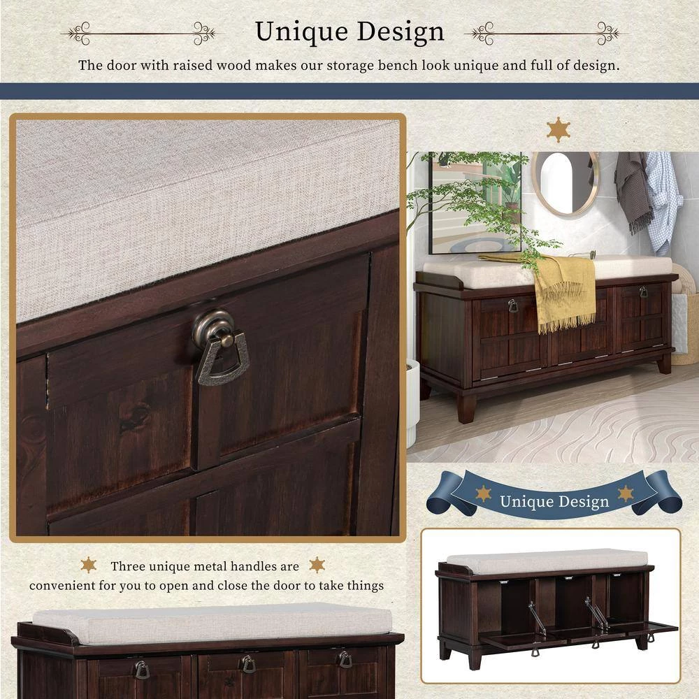 Espresso Storage Bench with Beige Cushion (42.9 in. L x 15 in. W x 19.3 in. H) by ATHMILE 8 Espresso Storage Bench with Beige Cushion (42.9 in. L x 15 in. W x 19.3 in. H) by ATHMILE - Image 8