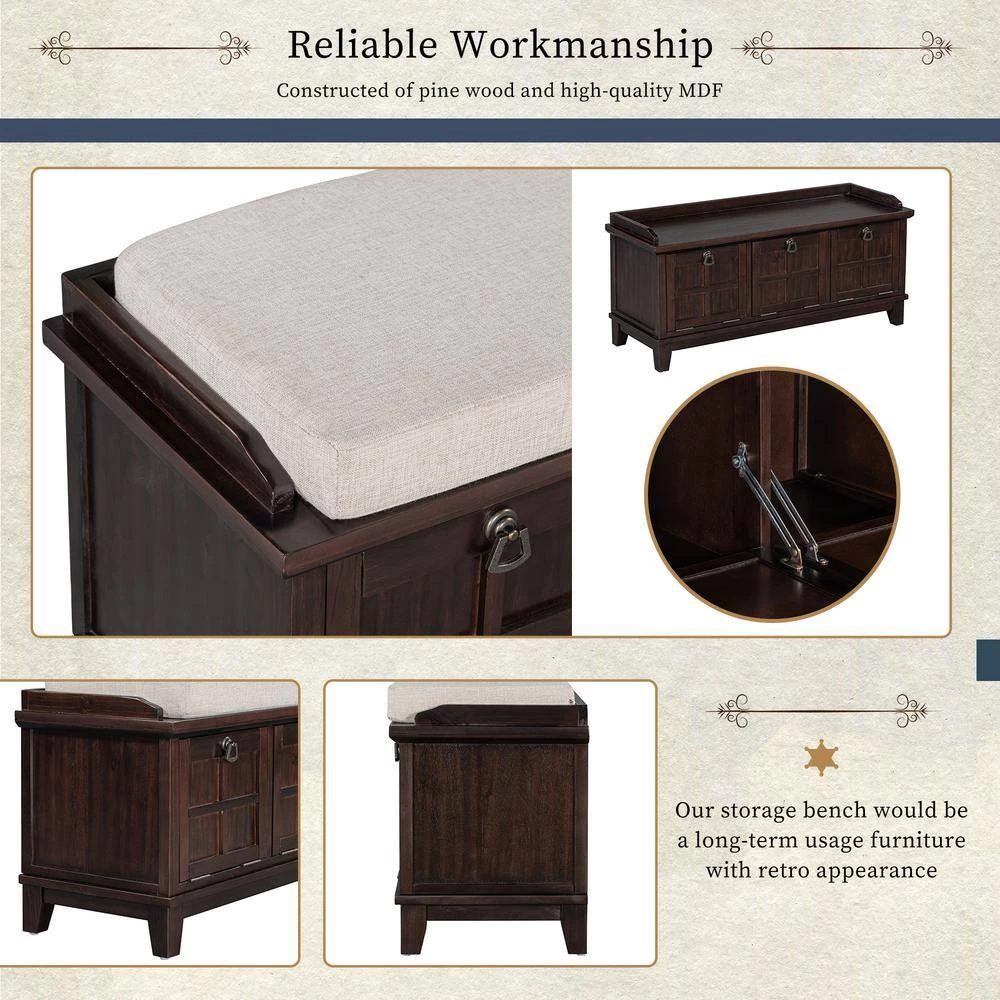 Espresso Storage Bench with Beige Cushion (42.9 in. L x 15 in. W x 19.3 in. H) by ATHMILE 7 Espresso Storage Bench with Beige Cushion (42.9 in. L x 15 in. W x 19.3 in. H) by ATHMILE - Image 7