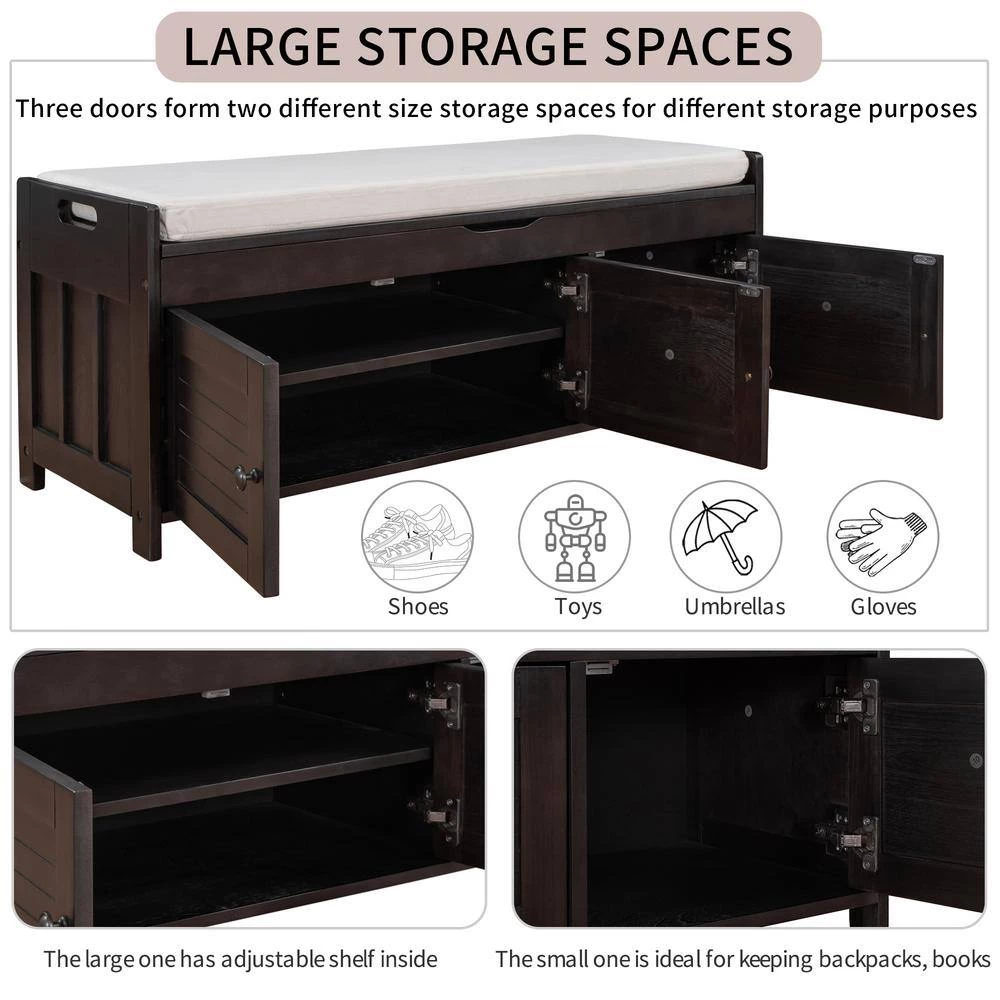 Espresso Shoe Bench with Removable Cushion and Hidden Storage Space 43.5 in. L x 16 in. W x 18 in. H by ATHMILE 6 Espresso Shoe Bench with Removable Cushion and Hidden Storage Space 43.5 in. L x 16 in. W x 18 in. H by ATHMILE - Image 6