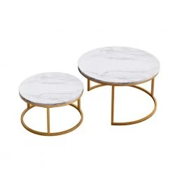 31 .5 in. Marble Color Top Round Modern Nesting MDF Coffee Table with Gold Metal Frame with 2-Pieces by ATHMILE