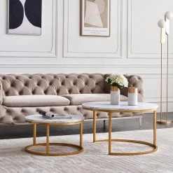 31 .5 in. Marble Color Top Round Modern Nesting MDF Coffee Table with Gold Metal Frame with 2-Pieces by ATHMILE 16 31 .5 in. Marble Color Top Round Modern Nesting MDF Coffee Table with Gold Metal Frame with 2-Pieces by ATHMILE -ATHMILE Sales Store gold frame athmile nesting tables gz w24714369 76 1000