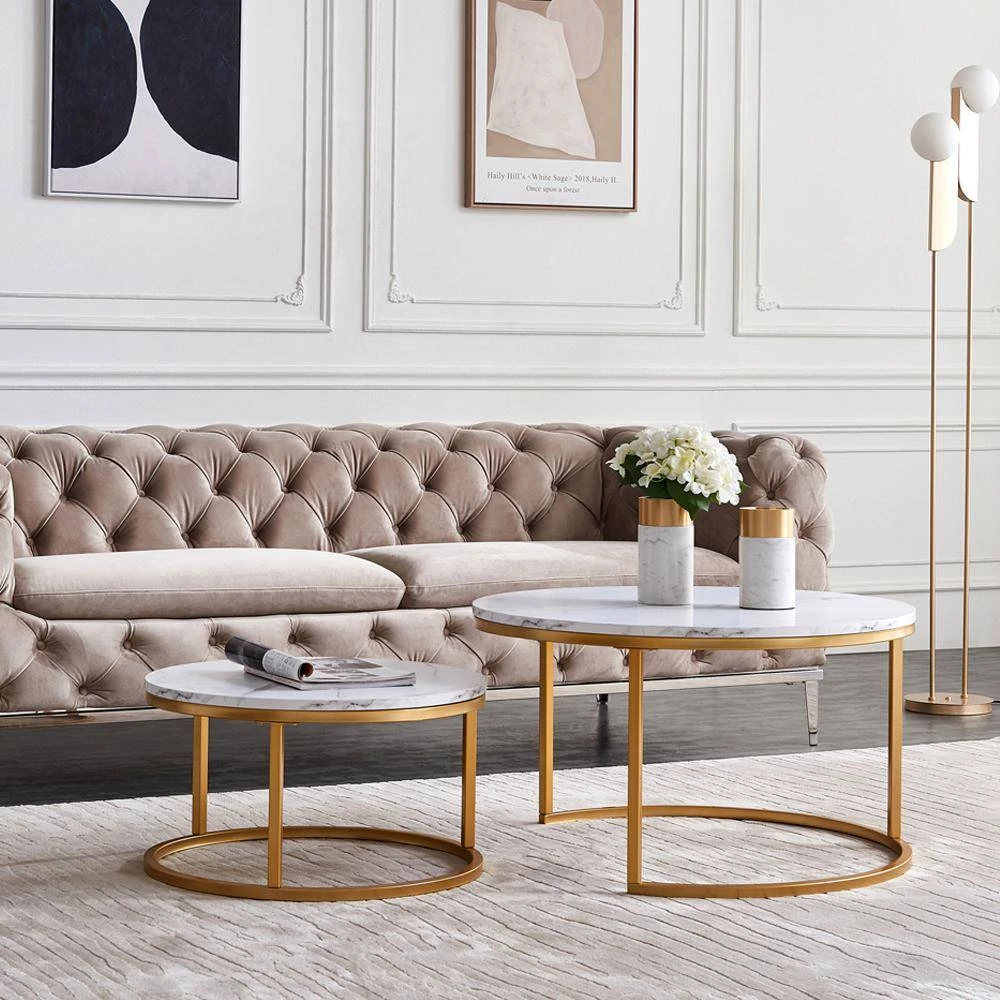 31 .5 in. Marble Color Top Round Modern Nesting MDF Coffee Table with Gold Metal Frame with 2-Pieces by ATHMILE 8 31 .5 in. Marble Color Top Round Modern Nesting MDF Coffee Table with Gold Metal Frame with 2-Pieces by ATHMILE - Image 8