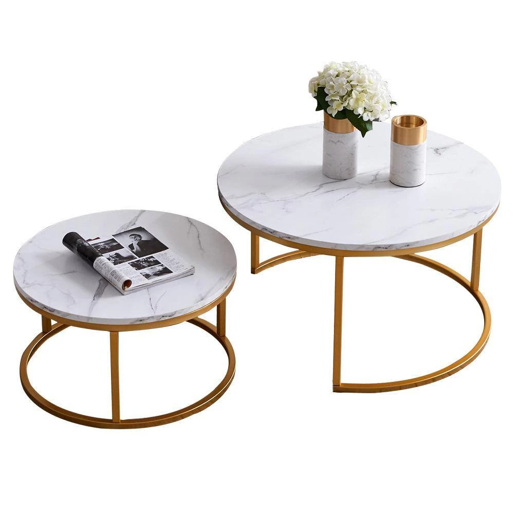 31 .5 in. Marble Color Top Round Modern Nesting MDF Coffee Table with Gold Metal Frame with 2-Pieces by ATHMILE 7 31 .5 in. Marble Color Top Round Modern Nesting MDF Coffee Table with Gold Metal Frame with 2-Pieces by ATHMILE - Image 7