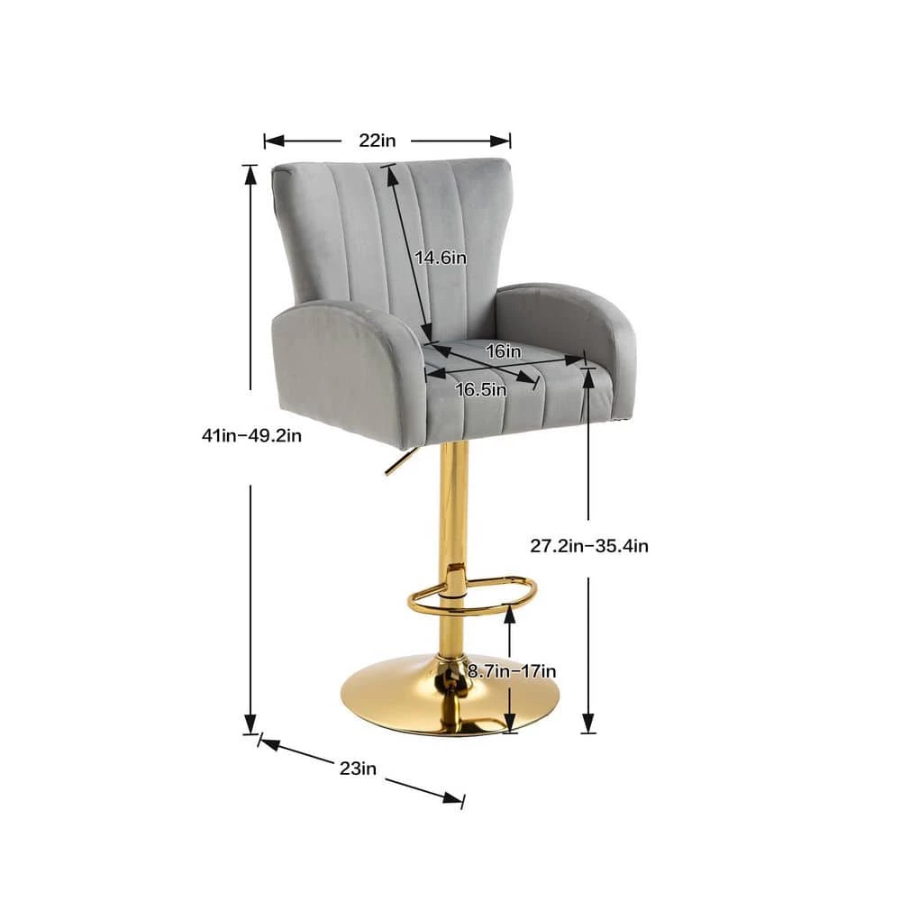 41 in. Gray Low Back Metal Frame Adjustable Bar Stool with Velvet Seat (Set of 1) by ATHMILE 4 41 in. Gray Low Back Metal Frame Adjustable Bar Stool with Velvet Seat (Set of 1) by ATHMILE - Image 4