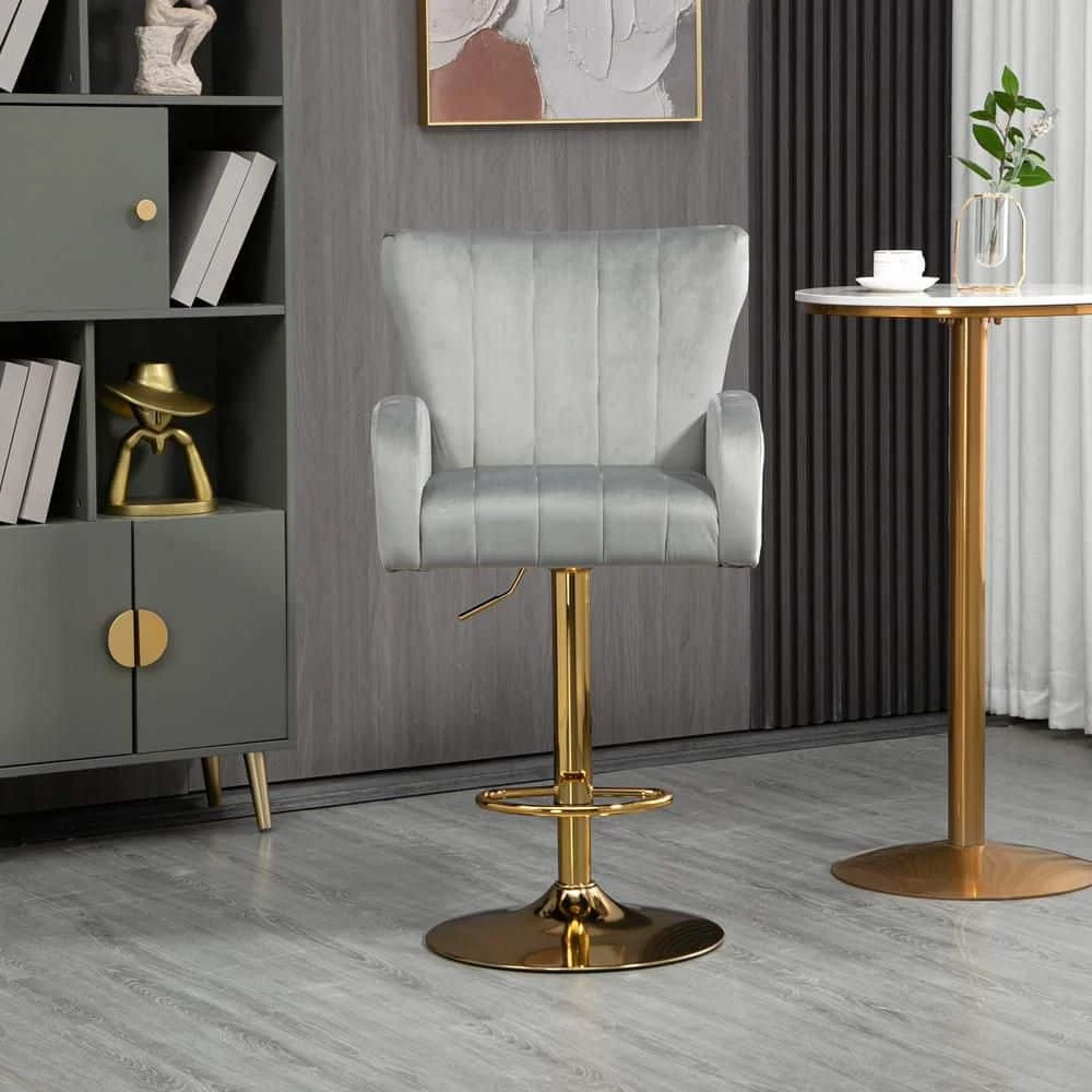 41 in. Gray Low Back Metal Frame Adjustable Bar Stool with Velvet Seat (Set of 1) by ATHMILE 3 41 in. Gray Low Back Metal Frame Adjustable Bar Stool with Velvet Seat (Set of 1) by ATHMILE - Image 3