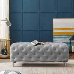 Gray Upholstered Velvet Button-Tufted Ottoman Bench 51.18 in. L x 19.68 in. D x 18.89 in. H by ATHMILE -ATHMILE Sales Store gray athmile bedroom benches gz b2w20220811 31 1000