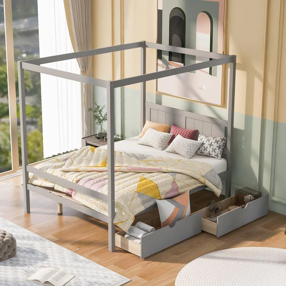 Full Size Canopy Platform Bed with 2-Drawers, With Slat Support Leg, Gray by ATHMILE 5 Full Size Canopy Platform Bed with 2-Drawers, With Slat Support Leg, Gray by ATHMILE - Image 5