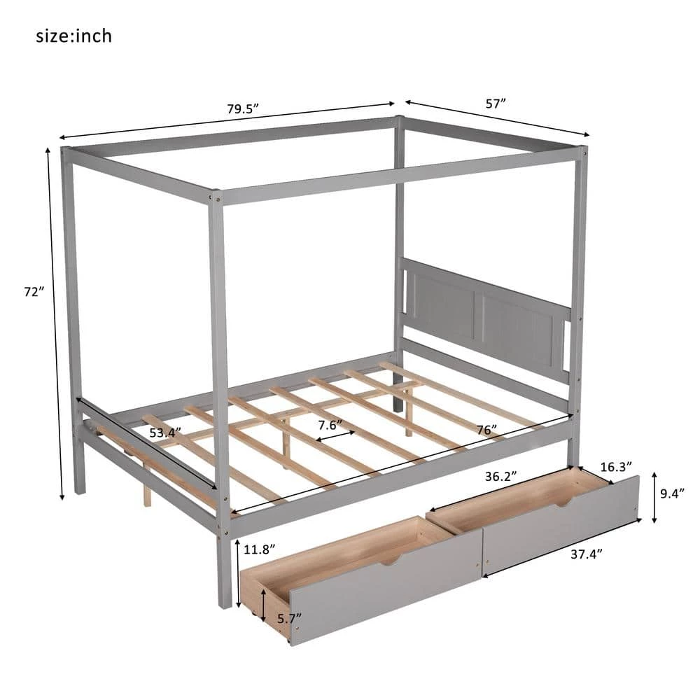 Full Size Canopy Platform Bed with 2-Drawers, With Slat Support Leg, Gray by ATHMILE 4 Full Size Canopy Platform Bed with 2-Drawers, With Slat Support Leg, Gray by ATHMILE - Image 4