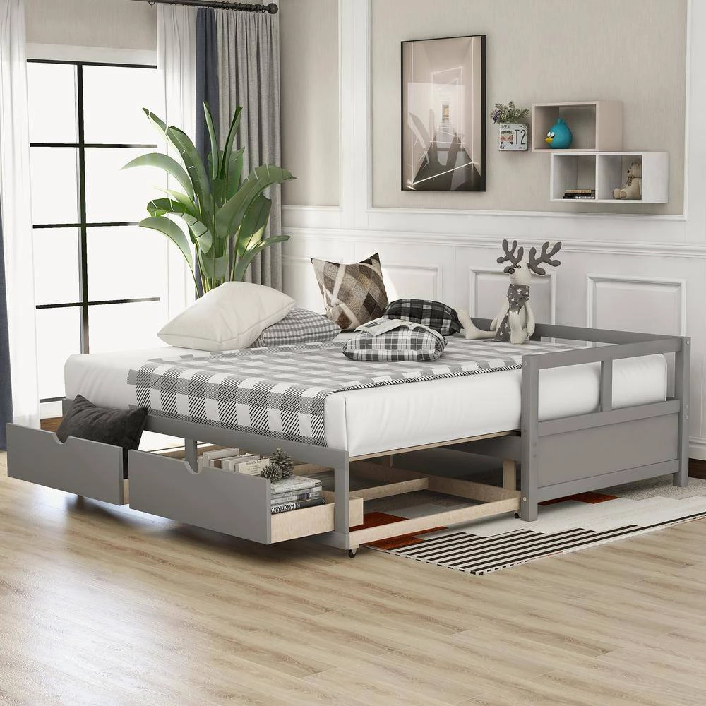 Gray Wooden Twin Size Daybed with Trundle and 2-Drawers by ATHMILE 8 Gray Wooden Twin Size Daybed with Trundle and 2-Drawers by ATHMILE - Image 8
