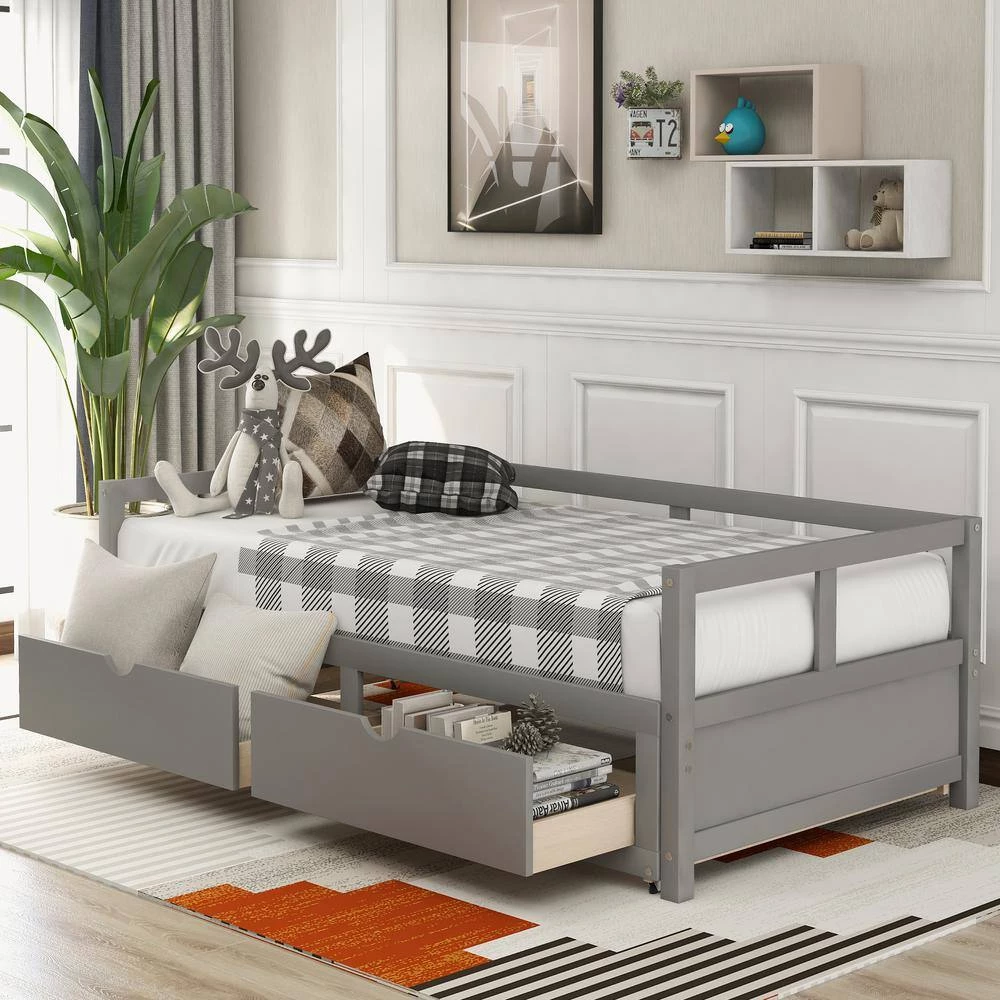 Gray Wooden Twin Size Daybed with Trundle and 2-Drawers by ATHMILE 7 Gray Wooden Twin Size Daybed with Trundle and 2-Drawers by ATHMILE - Image 7