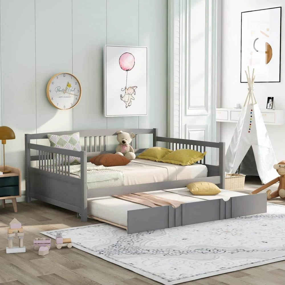 Gray Full Size Daybed Wood Bed with Twin Size Trundle by ATHMILE 10 Gray Full Size Daybed Wood Bed with Twin Size Trundle by ATHMILE - Image 10