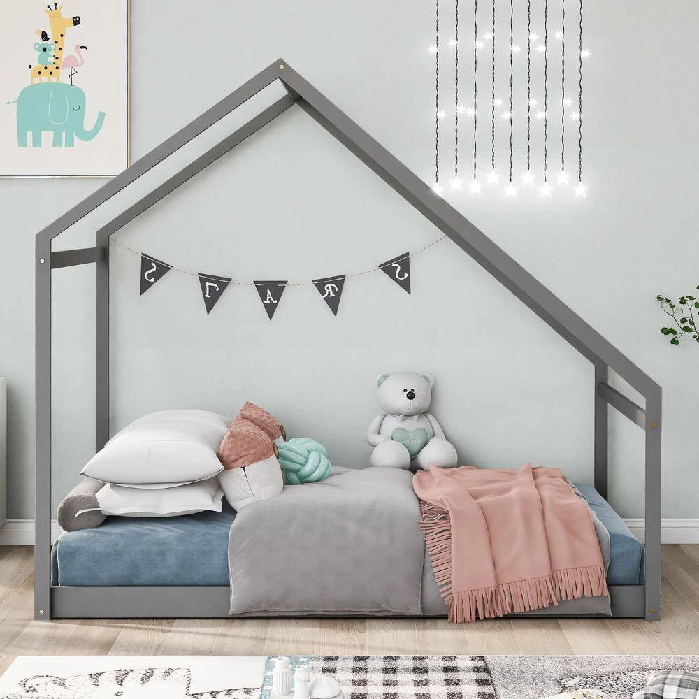 Gray Twin Size Wooden House Bed by ATHMILE 4 Gray Twin Size Wooden House Bed by ATHMILE - Image 4