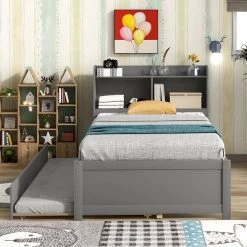 Gray Bookcase Twin Bed with Trundle by ATHMILE 9 Gray Bookcase Twin Bed with Trundle by ATHMILE -ATHMILE Sales Store gray athmile kids beds gz b2w20220949 31 1000
