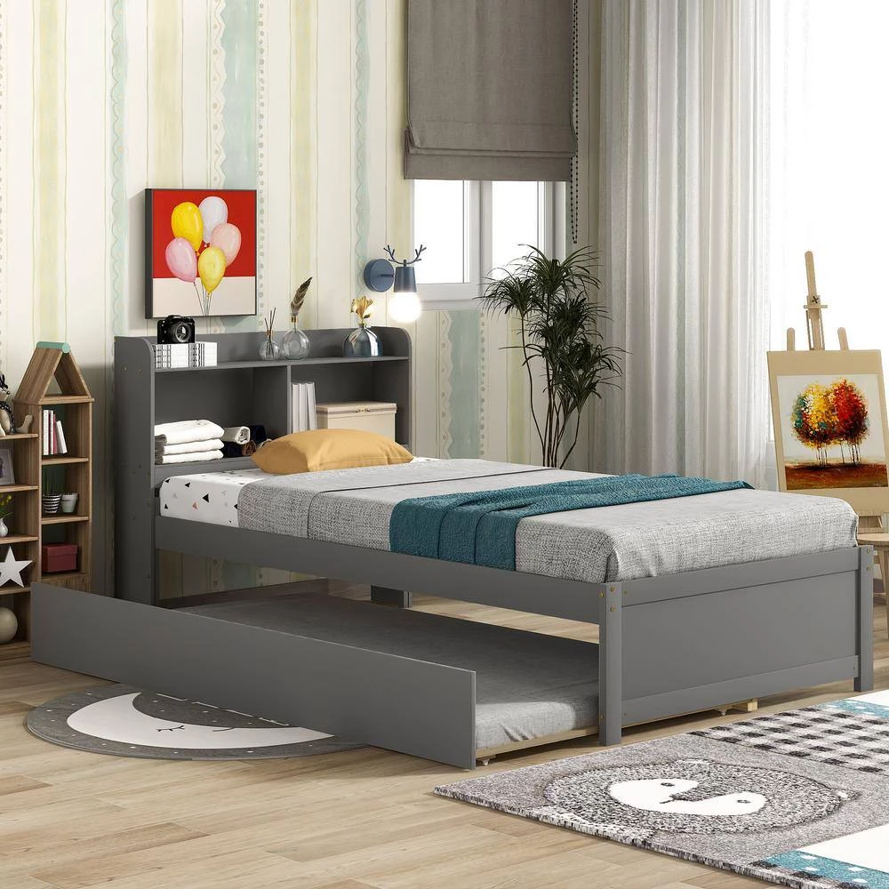 Gray Bookcase Twin Bed with Trundle by ATHMILE 2 Gray Bookcase Twin Bed with Trundle by ATHMILE - Image 2