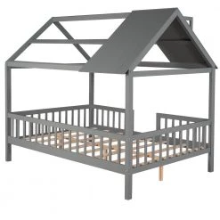 Full Size Wood House Bed with Fence, Gray by ATHMILE 13 Full Size Wood House Bed with Fence, Gray by ATHMILE -ATHMILE Sales Store gray athmile kids beds gz b2w20221225 1f 1000