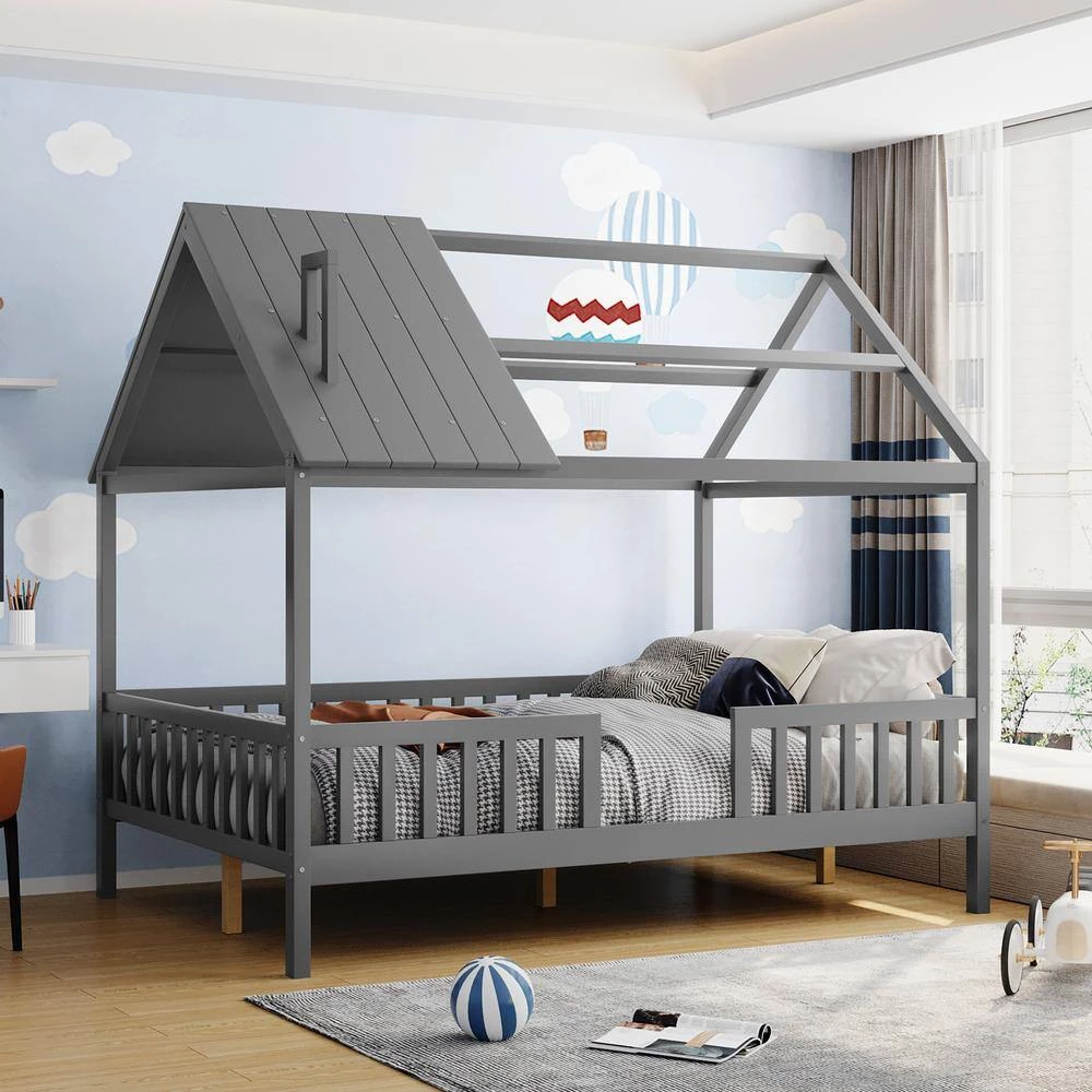 Full Size Wood House Bed with Fence, Gray by ATHMILE 9 Full Size Wood House Bed with Fence, Gray by ATHMILE - Image 9