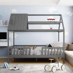 Full Size Wood House Bed with Fence, Gray by ATHMILE 12 Full Size Wood House Bed with Fence, Gray by ATHMILE -ATHMILE Sales Store gray athmile kids beds gz b2w20221225 4f 1000