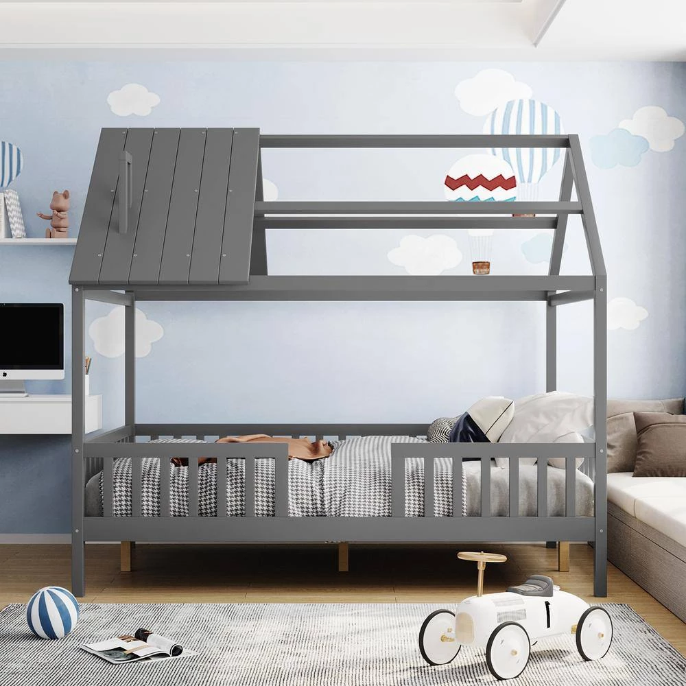 Full Size Wood House Bed with Fence, Gray by ATHMILE 4 Full Size Wood House Bed with Fence, Gray by ATHMILE - Image 4
