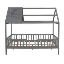 Full Size Wood House Bed with Fence, Gray by ATHMILE