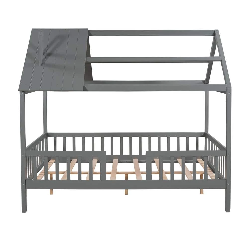 Full Size Wood House Bed with Fence, Gray by ATHMILE 1 Full Size Wood House Bed with Fence, Gray by ATHMILE