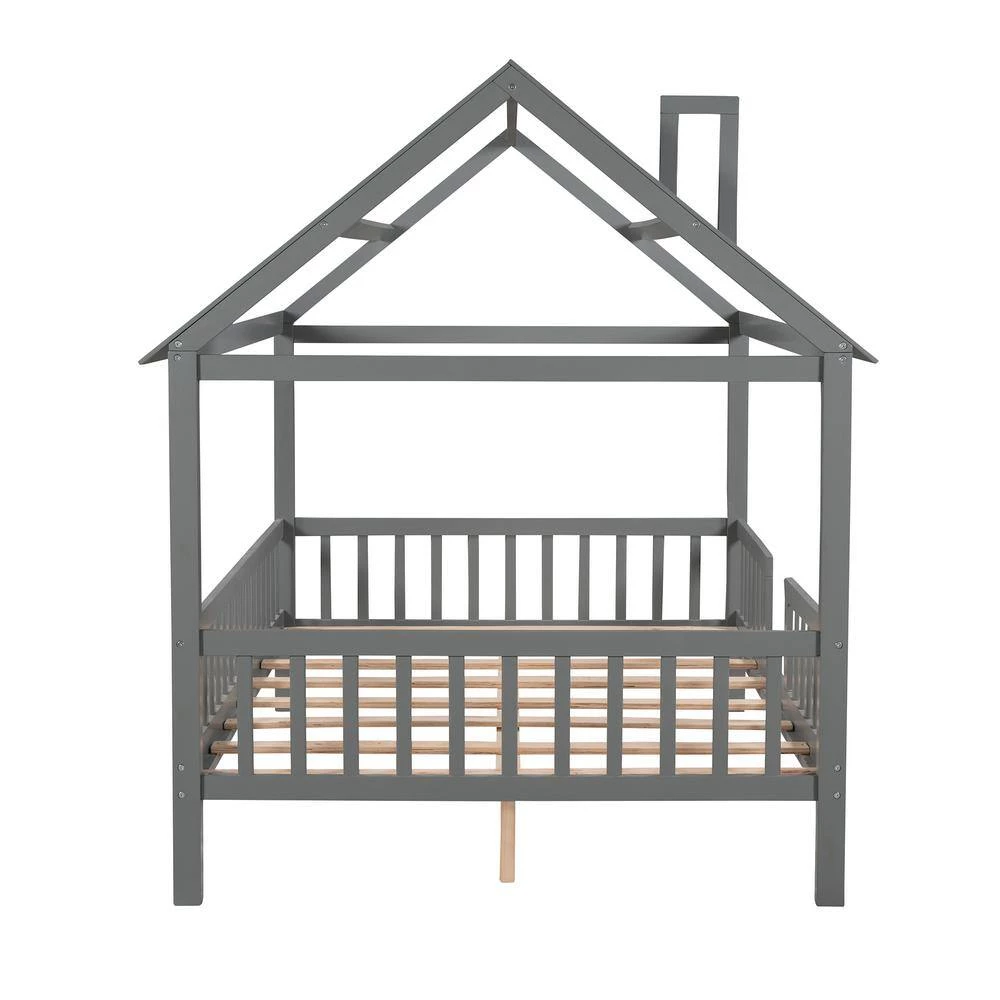 Full Size Wood House Bed with Fence, Gray by ATHMILE 2 Full Size Wood House Bed with Fence, Gray by ATHMILE - Image 2