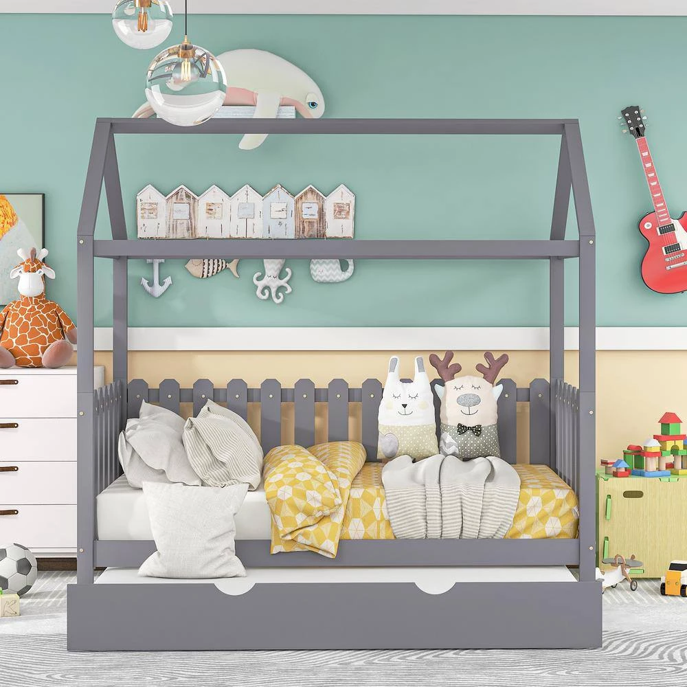 Gray Twin Size House Bed with Trundle by ATHMILE 9 Gray Twin Size House Bed with Trundle by ATHMILE - Image 9