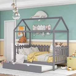 Gray Twin Size House Bed with Trundle by ATHMILE 11 Gray Twin Size House Bed with Trundle by ATHMILE -ATHMILE Sales Store gray athmile kids beds gz b2w20221579 c3 1000
