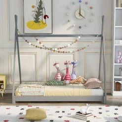 Gray Twin Size House Platform Bed with Triangle Tructure by ATHMILE 12 Gray Twin Size House Platform Bed with Triangle Tructure by ATHMILE -ATHMILE Sales Store gray athmile kids beds gz wf283047aae 44 1000