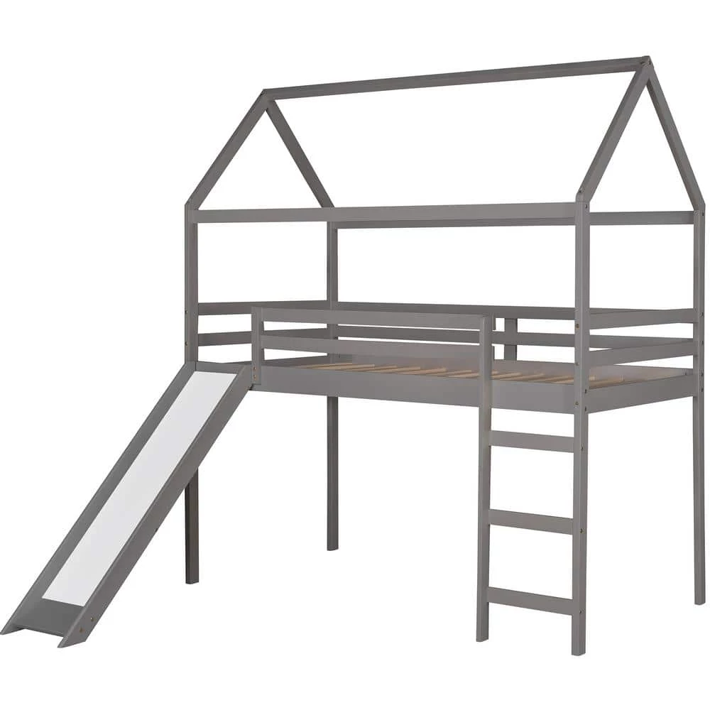 Gray Twin Loft Bed with Slide by ATHMILE 1 Gray Twin Loft Bed with Slide by ATHMILE