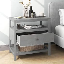 1-Drawer Gray Nightstand（25.2 in. H x 26 in. W x 15 in. D） by ATHMILE -ATHMILE Sales Store gray athmile nightstands dztwf281117aae 1f 1000