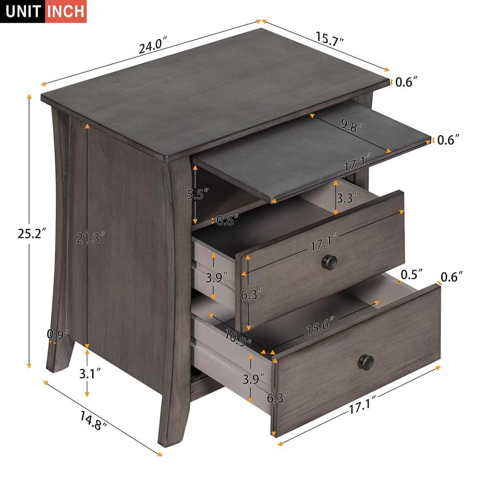 2-Drawers Gray Storage Nightstand (24''LX15.7''W X 25.2''H) by ATHMILE 3 2-Drawers Gray Storage Nightstand (24''LX15.7''W X 25.2''H) by ATHMILE - Image 3