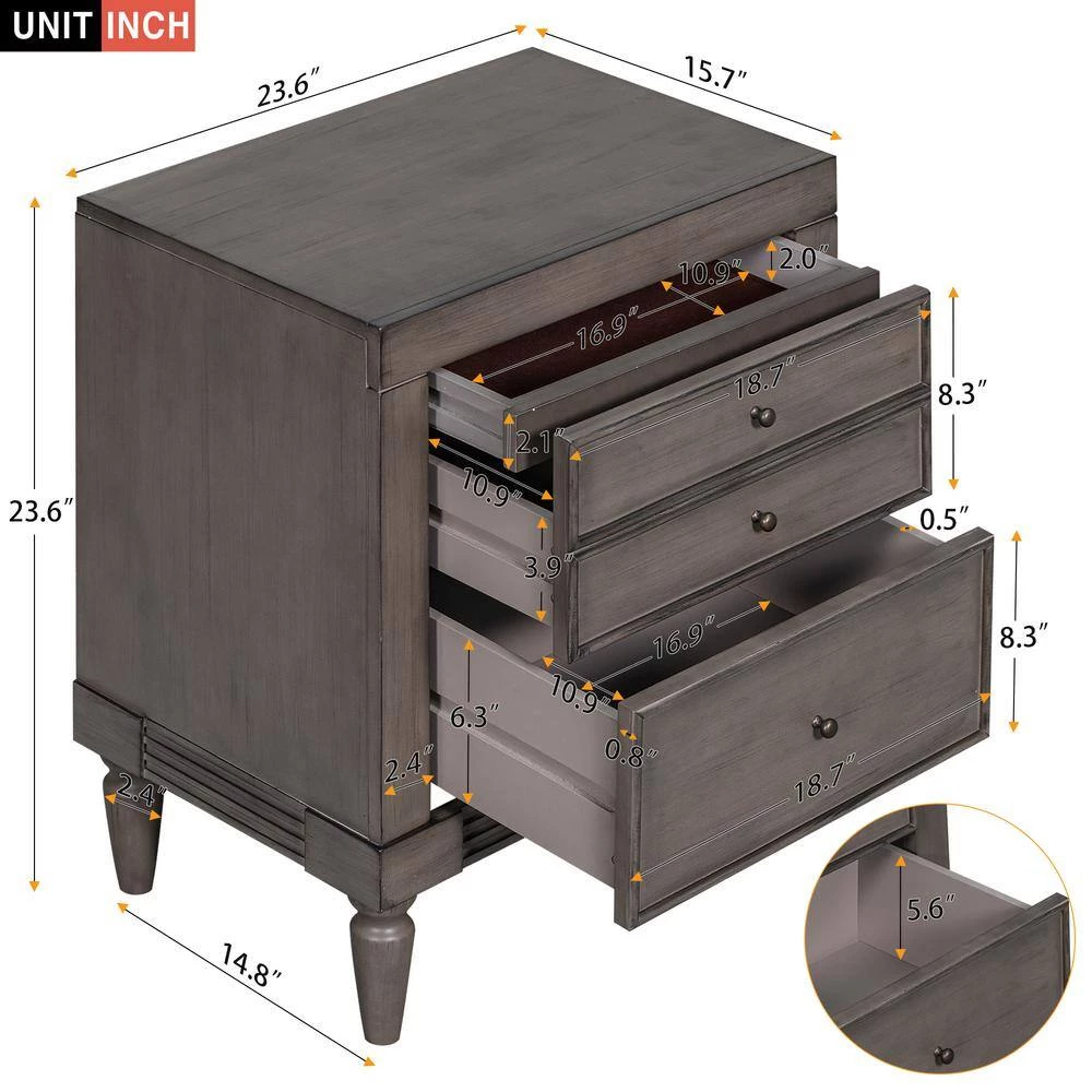 3-Drawers Gray Storage Nightstand (23.6''LX15.7''W X 23.6''H) by ATHMILE 3 3-Drawers Gray Storage Nightstand (23.6''LX15.7''W X 23.6''H) by ATHMILE - Image 3