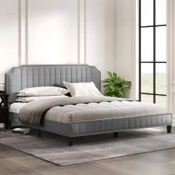 Gray King Linen Platform Bed by ATHMILE -ATHMILE Sales Store gray athmile panel beds ddwf199330aae 44 1000