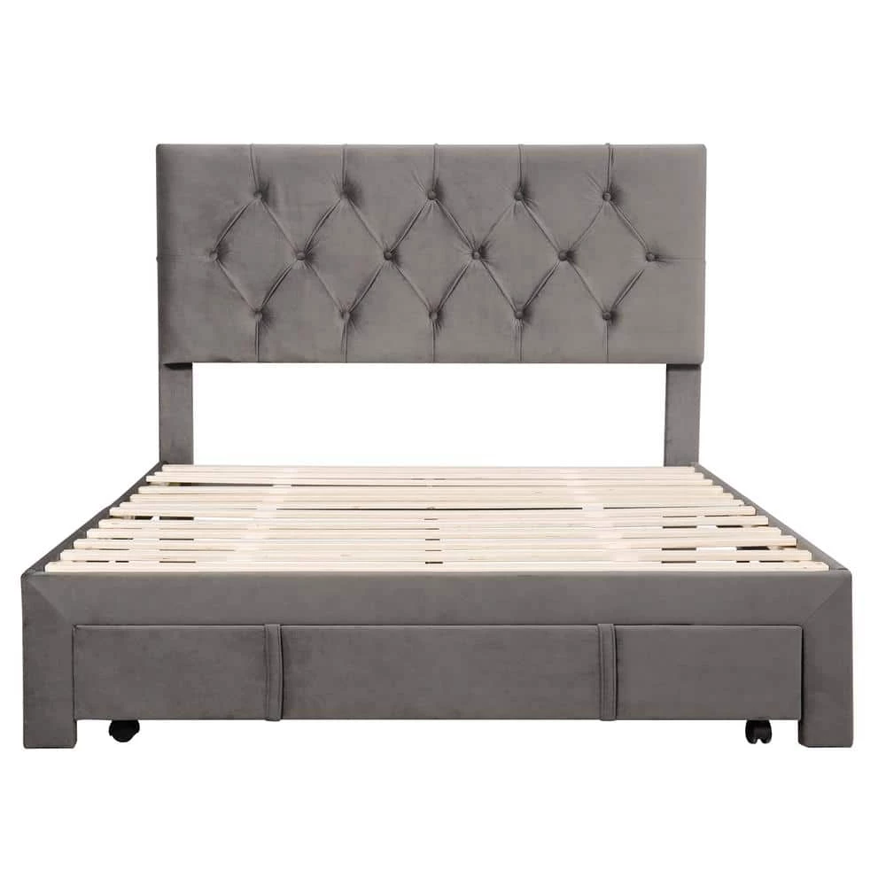 Gray Full Size Velvet Upholstered Platform Bed with a Big Drawer by ATHMILE 6 Gray Full Size Velvet Upholstered Platform Bed with a Big Drawer by ATHMILE - Image 6