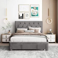 Gray Full Size Velvet Upholstered Platform Bed with a Big Drawer by ATHMILE 19 Gray Full Size Velvet Upholstered Platform Bed with a Big Drawer by ATHMILE -ATHMILE Sales Store gray athmile panel beds gz b2w20221489 31 1000