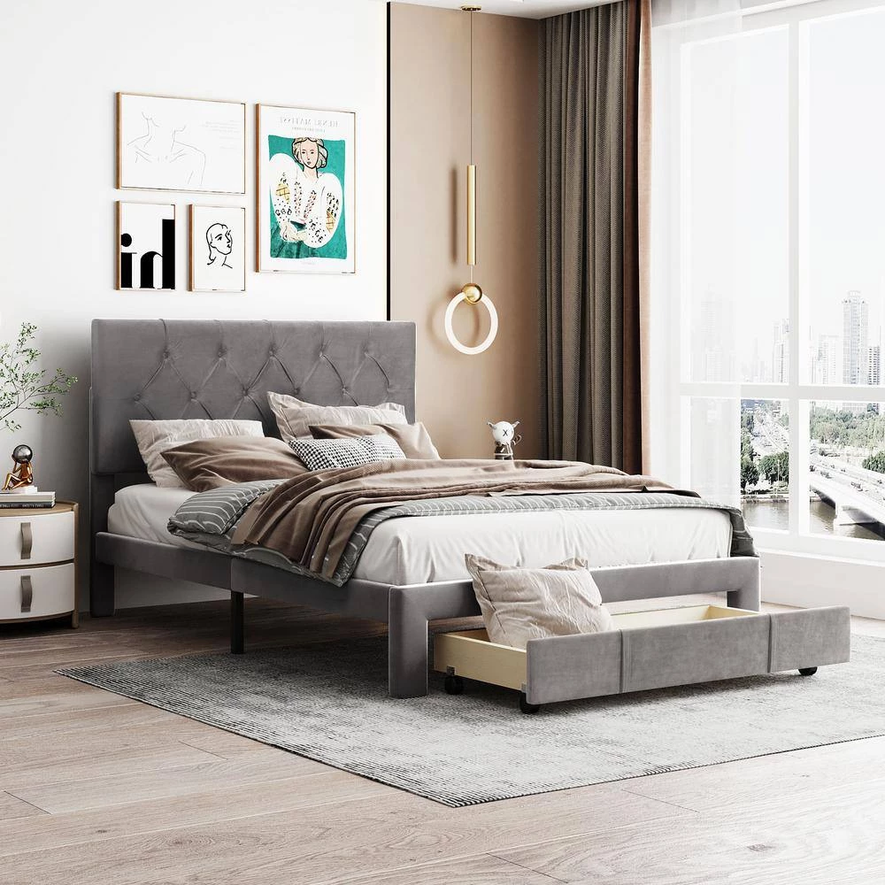 Gray Full Size Velvet Upholstered Platform Bed with a Big Drawer by ATHMILE 5 Gray Full Size Velvet Upholstered Platform Bed with a Big Drawer by ATHMILE - Image 5