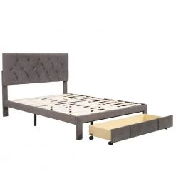 Gray Full Size Velvet Upholstered Platform Bed with a Big Drawer by ATHMILE