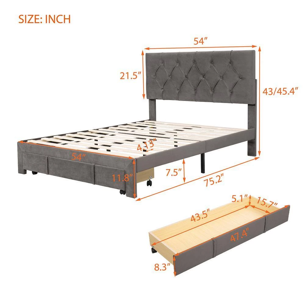 Gray Full Size Velvet Upholstered Platform Bed with a Big Drawer by ATHMILE 4 Gray Full Size Velvet Upholstered Platform Bed with a Big Drawer by ATHMILE - Image 4