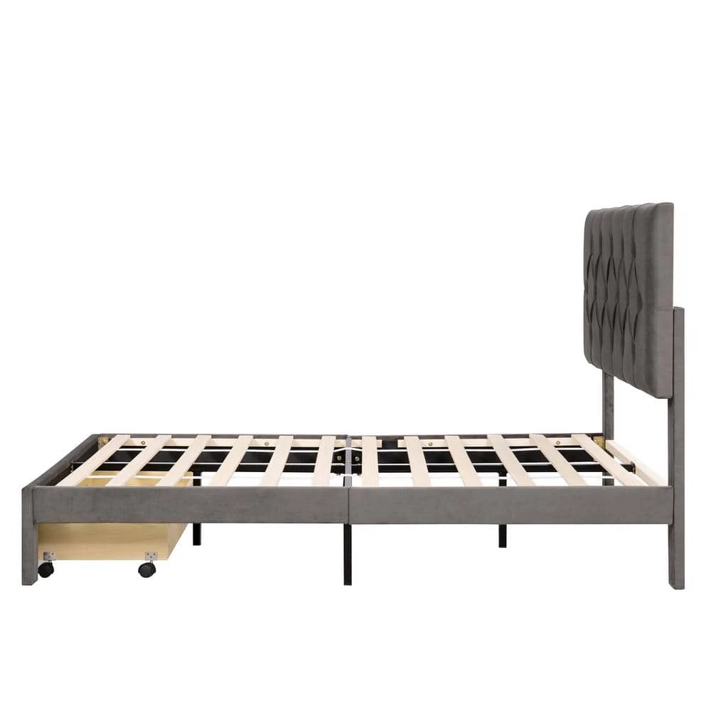 Gray Full Size Velvet Upholstered Platform Bed with a Big Drawer by ATHMILE 2 Gray Full Size Velvet Upholstered Platform Bed with a Big Drawer by ATHMILE - Image 2