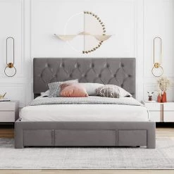 Gray Queen Size Velvet Upholstered Platform Bed with a Big Drawer by ATHMILE -ATHMILE Sales Store gray athmile panel beds gz b2w20221490 31 1000
