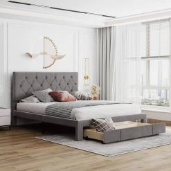 Gray Queen Size Velvet Upholstered Platform Bed with a Big Drawer by ATHMILE -ATHMILE Sales Store gray athmile panel beds gz b2w20221490 4f 1000